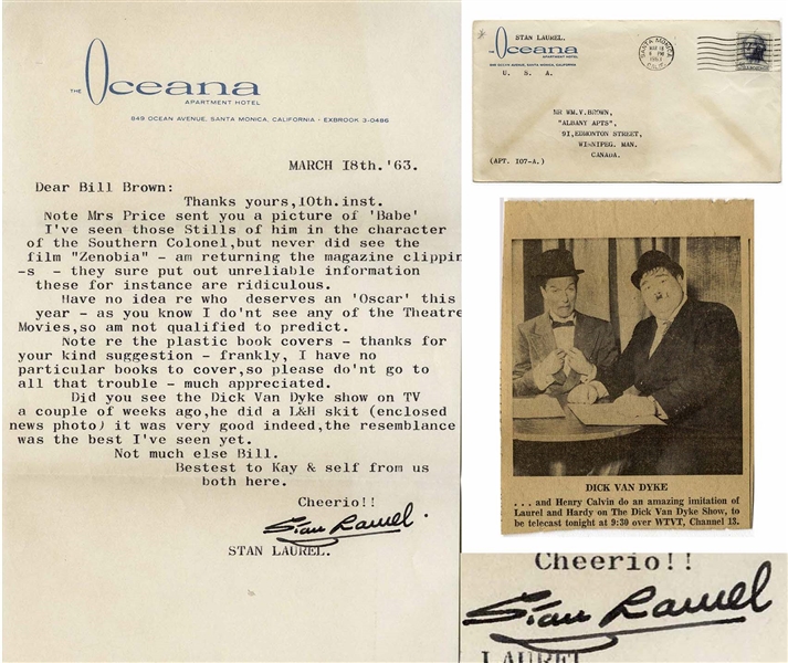 Stan Laurel Letter Signed -- ''...Did you see the Dick Van Dyke show on TV a couple of weeks ago, he did a L&H skit (enclosed news photo) it was very good indeed...''